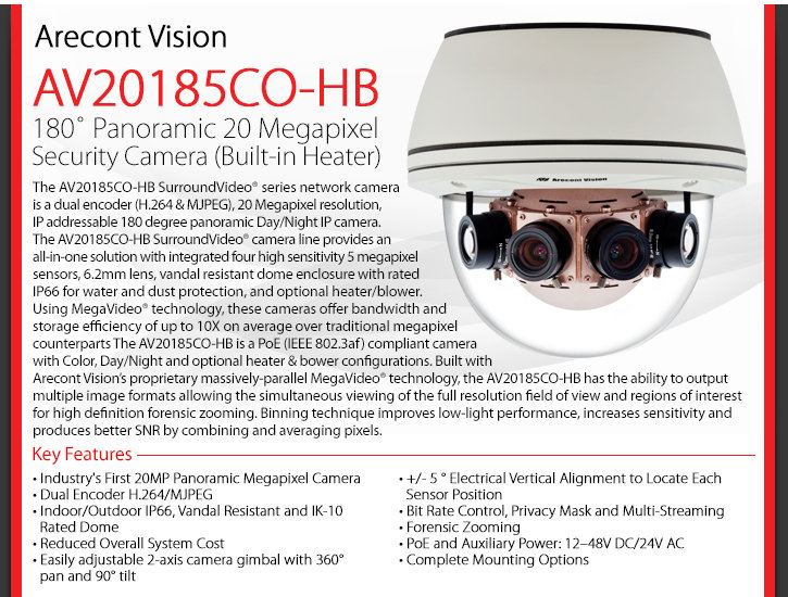 arecont vision av20185co-hb 180° panoramic 20mp security camera (built-in heater)