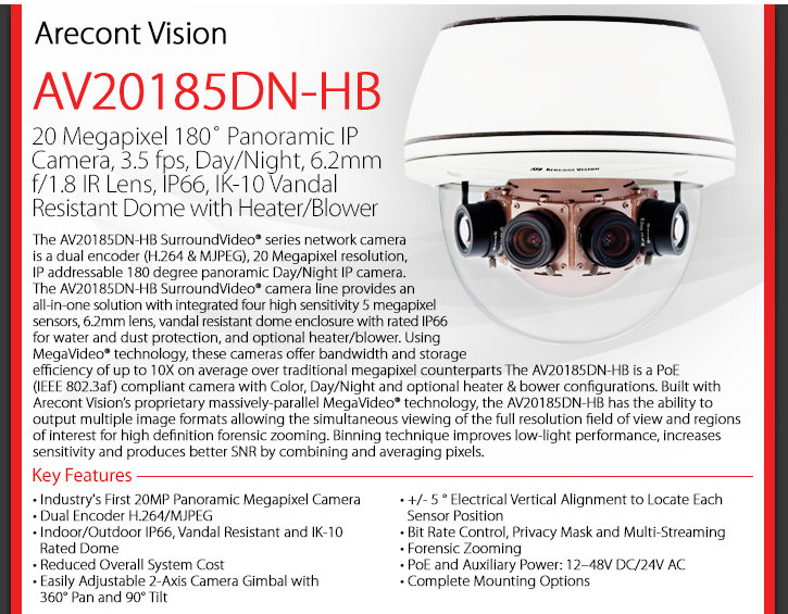 Arecont Vision AV20185DN-HB 180° 20MP Dome IP Camera - Day/Night, Heater Arecont Vision AV20185DN-HB 180° 20MP Dome IP Camera - Day/Night, Heater