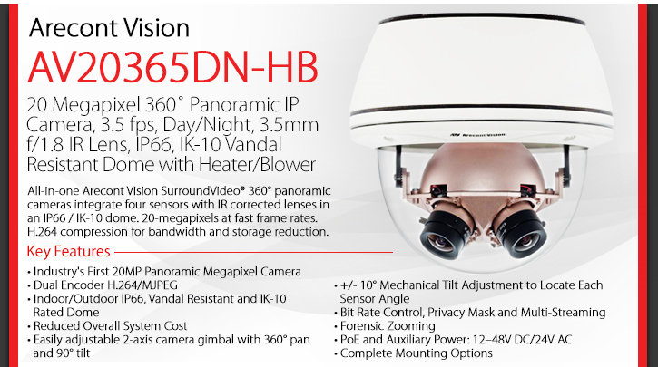 Arecont Vision AV20365DN-HB 360° 20MP Dome IP Camera - Day/Night, Heater