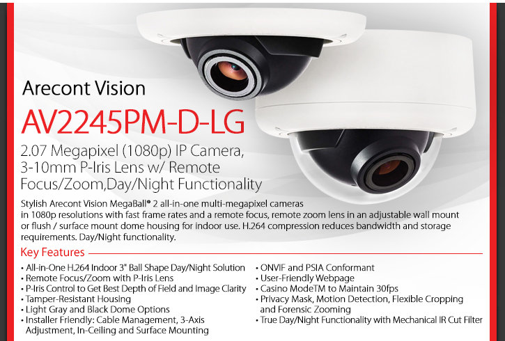 Arecont Vision AV2245PM-D-LG MegaBall 2 1080P HD Dome IP Camera Arecont Vision AV2245PM-D-LG MegaBall 2 1080P HD Dome IP Camera