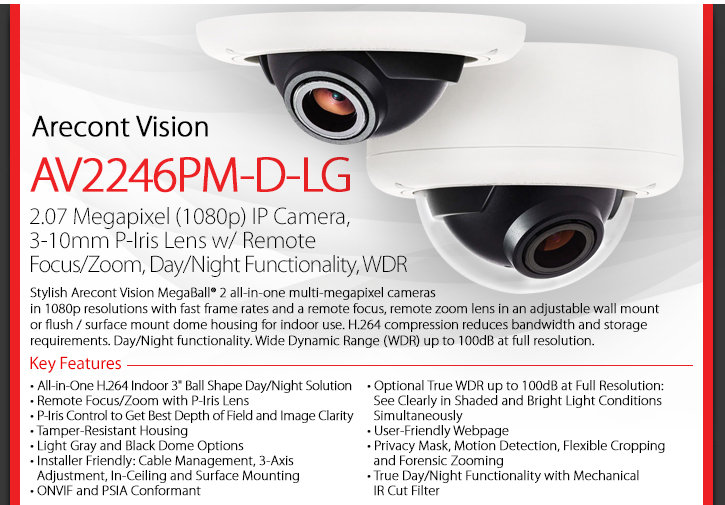 Arecont Vision AV2246PM-D-LG MegaBall 2 1080P HD WDR Dome Camera Arecont Vision AV2246PM-D-LG MegaBall 2 1080P HD WDR Dome Camera
