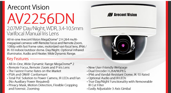 Arecont Vision AV2256DN Network Camera - 2.07MP, Day/Night, WDR, Varifocal Iris Lens, H.264, Infared Illuminator, Wide Dynamic Range