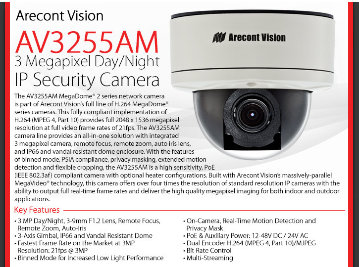 arecont vision av3255am 3 megapixel day/night ip security camera