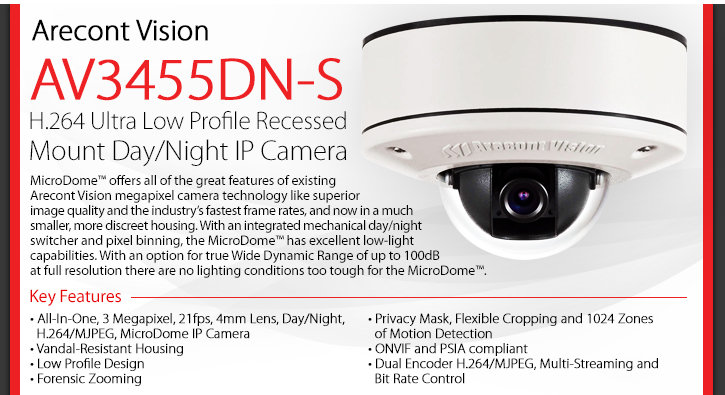 Arecont Vision AV3455DN-S MicroDome 3MP Outdoor Network Camera Arecont Vision AV3455DN-S MicroDome 3MP Outdoor Network Camera