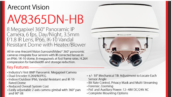 Arecont Vision AV8365DN-HB 360° 8MP Dome Camera - Day/Night, Heater