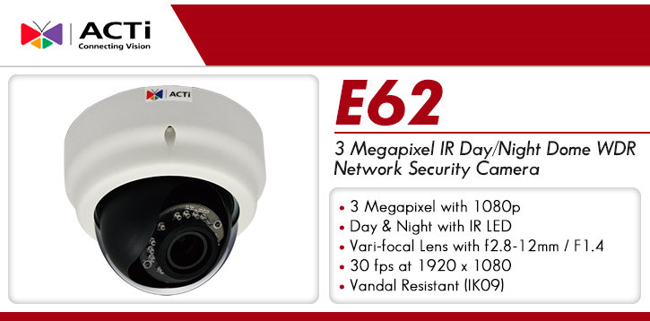 acti e62 3 megapixel ir day/night dome wdr ip security camera