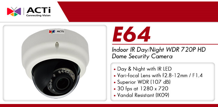 acti e64 indoor ir day/night wdr 720p hd dome security camera