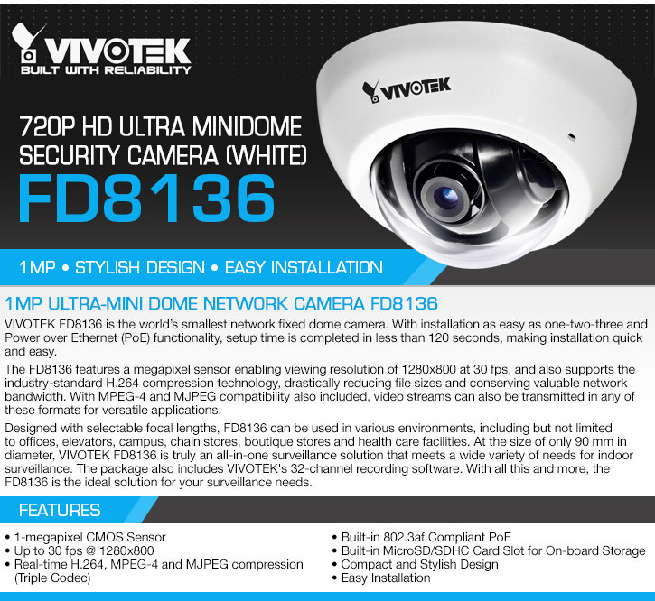 vivotek fd8136-f2-w 720p hd ultra minidome security camera - white