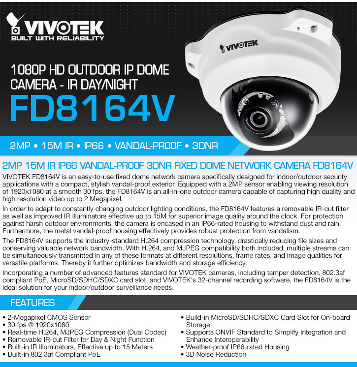vivotek fd8164v 1080p hd outdoor ip dome camera - ir day/night
