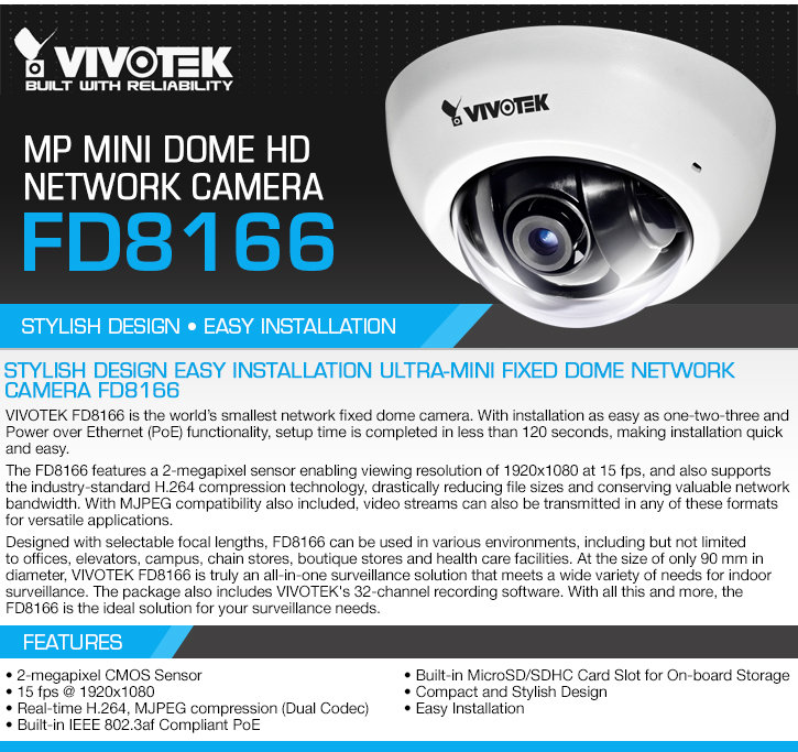 vivotek fd8166 2mp mini dome hd ip camera