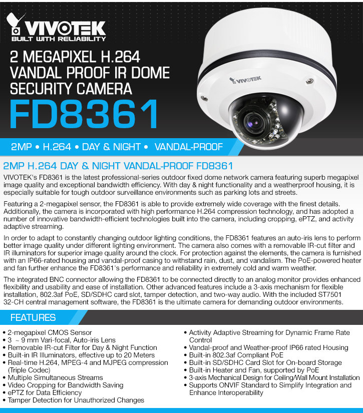 vivotek fd8361 2 megapixel h.264 vandal proof ir dome security camera