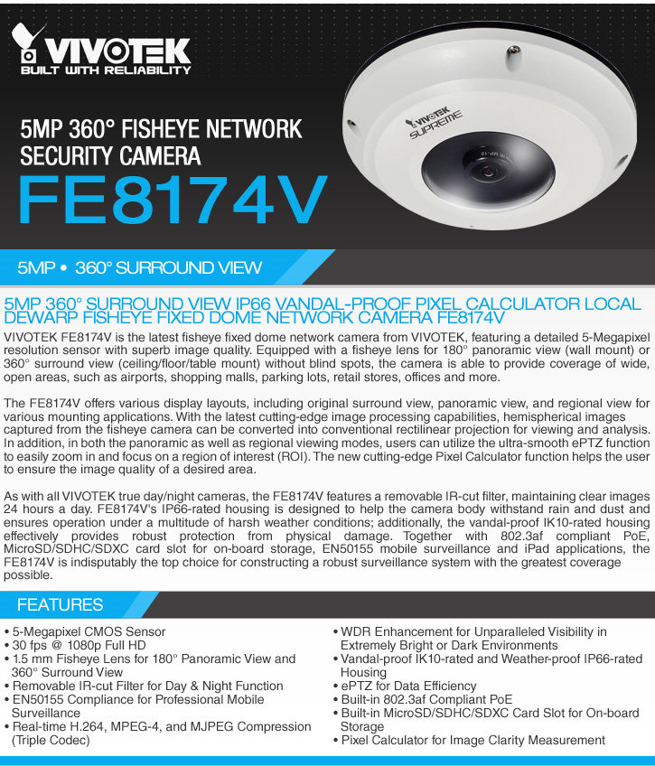 vivotek fe8174v 5mp outdoor fisheye dome network camera