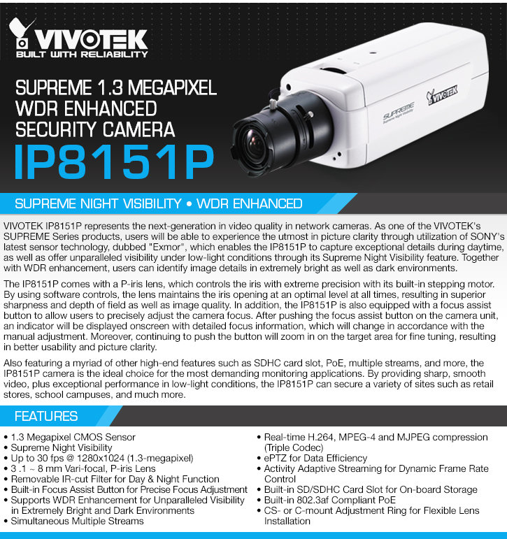 vivotek ip8151p supreme 1.3 megapixel wdr enhanced security camera