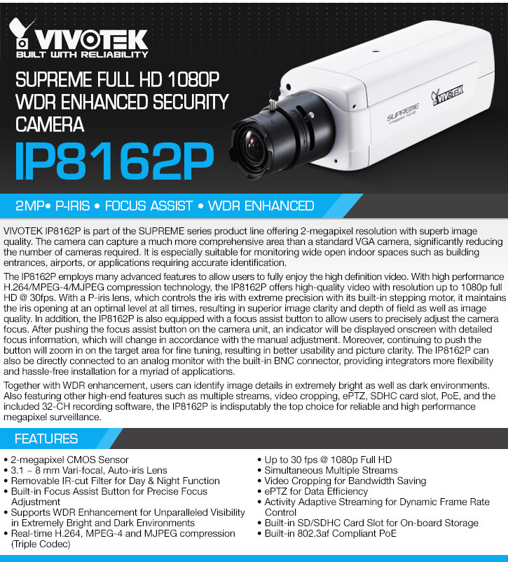 vivotek ip8162p supreme full hd 1080p wdr enhanced security camera