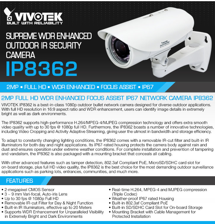 vivotek ip8362 supreme wdr enhanced outdoor ir security camera