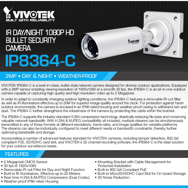 vivotek ip8364-c ir day/night 1080p hd bullet security camera