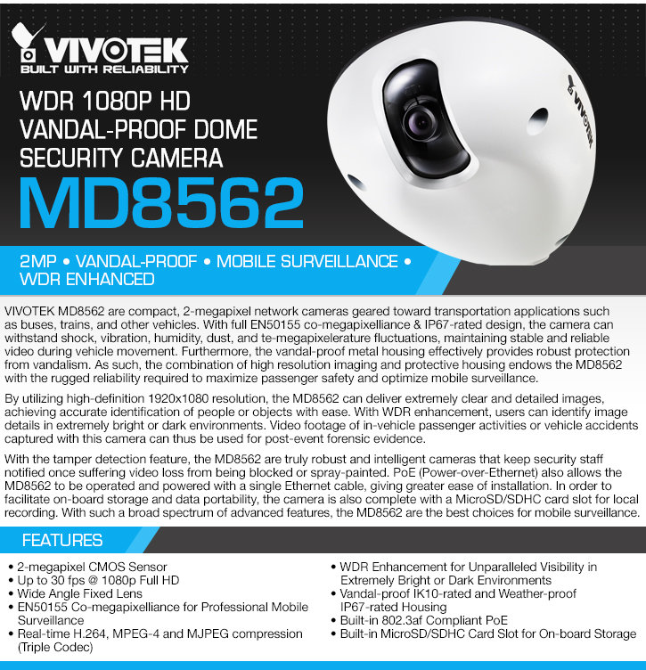 vivotek md8562 wdr 1080p hd vandal-proof dome security camera