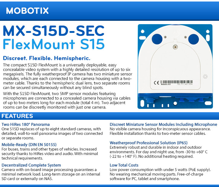Mobotix MX-S15D-SEC Flexmount S15 5MP IP Security Camera Mobotix MX-S15D-SEC Flexmount S15 5MP IP Security Camera