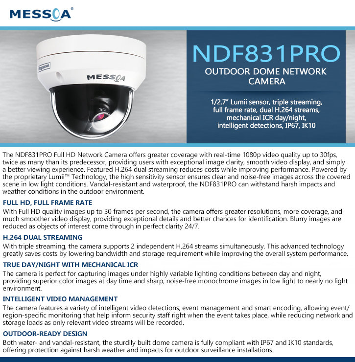 Messoa NDF831PRO Outdoor 1080P HD IP Dome Camera