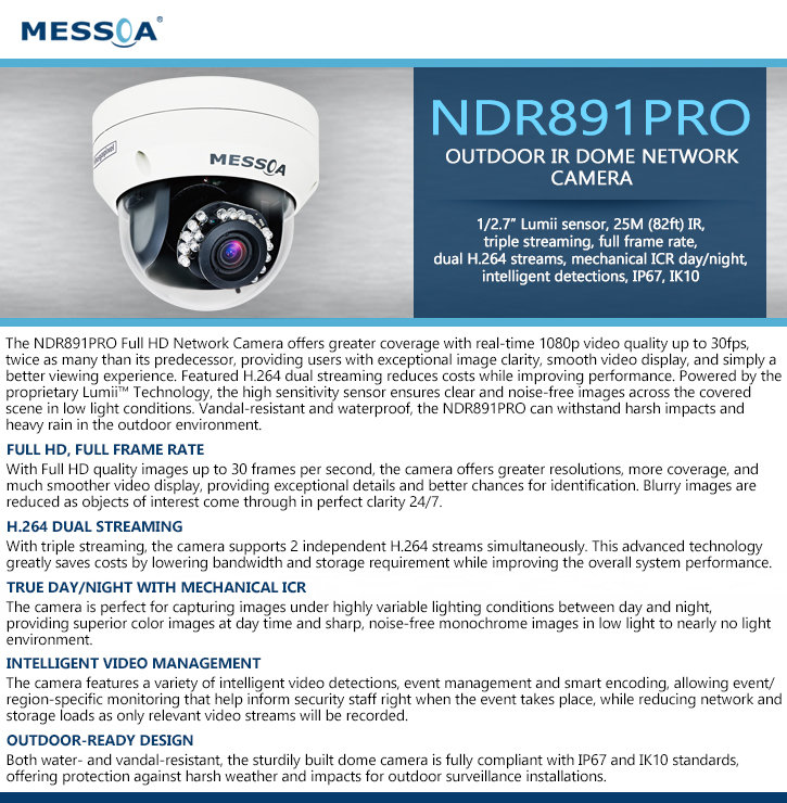 Messoa NDR891PRO Outdoor IR Dome 1080P HD Security Camera