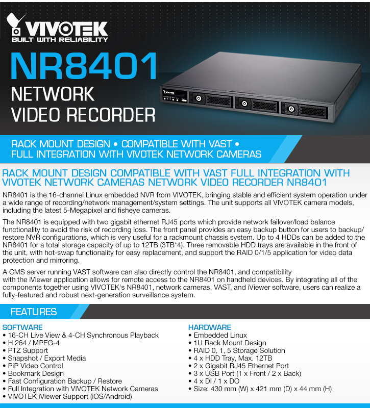Vivotek NR8401 16-camera Network Video Recorder - Linux Vivotek NR8401 16-camera Network Video Recorder - Linux