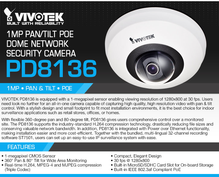 vivotek pd8136 1mp pan/tilt poe dome ip security camera