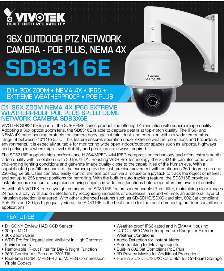 vivotek sd8316e 36x outdoor ptz ip camera - poe plus