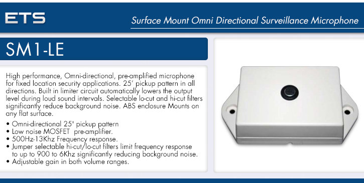 ets sm1-le surface mount omni directional surveillance microphone