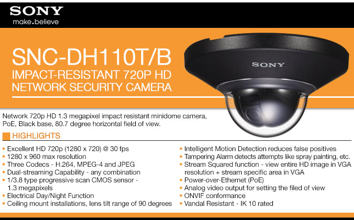 sony snc-dh110t/b impact-resistant 720p hd ip security camera