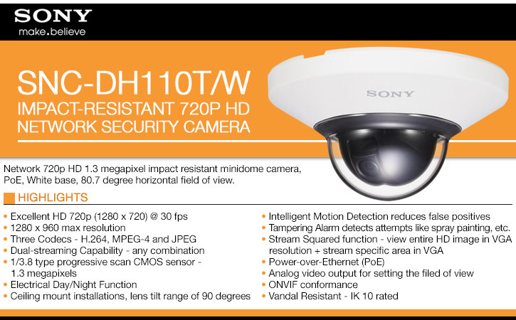sony snc-dh110t/w impact-resistant 720p hd ip security camera