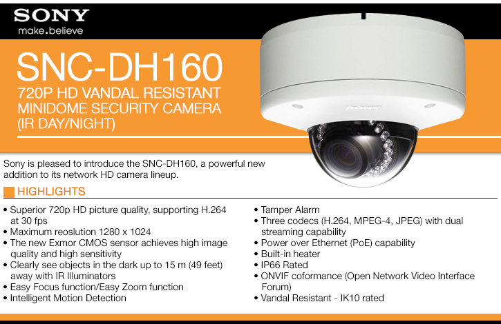 sony snc-dh160 720p hd vandal resistant minidome security camera (ir day/night)
