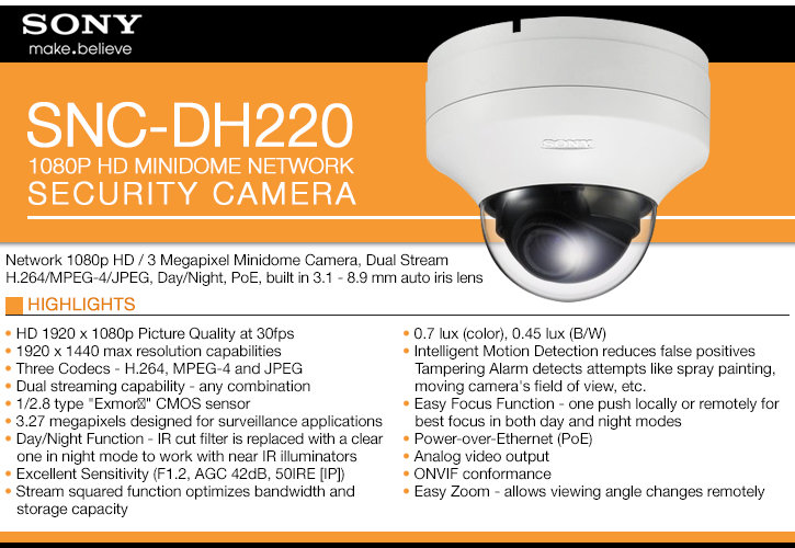 sony snc-dh220 1080p hd minidome ip security camera