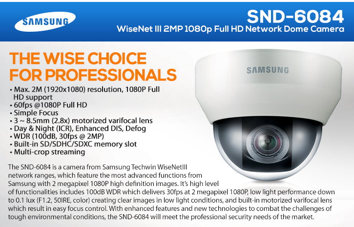 samsung snd-6084 wisenet iii 2mp 1080p full hd ip dome camera