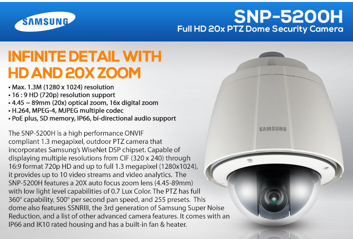 samsung snp-5200h full hd 20x ptz dome security camera
