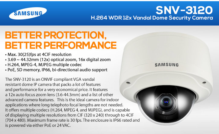 samsung snv-3120 h.264 wdr 12x vandal dome security camera
