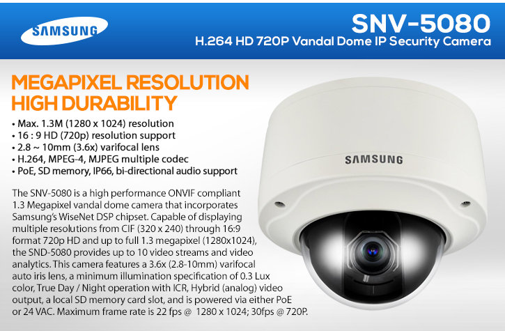 samsung snv-5080 h.264 hd 720p vandal dome ip security camera