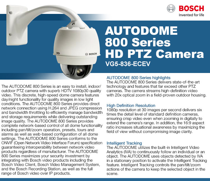 Bosch VG5-836-ECEV AutoDome 800 1080P HD 20x PTZ IP Security Camera Bosch VG5-836-ECEV AutoDome 800 1080P HD 20x PTZ IP Security Camera