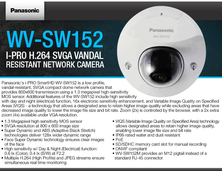 panasonic wv-sw152 i-pro h.264 svga vandal resistant ip camera