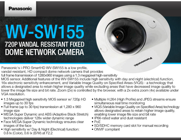 panasonic wv-sw155 720p vandal resistant fixed dome ip camera