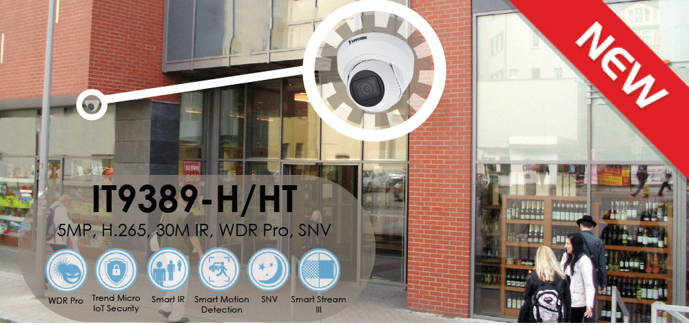 VIVOTEK IT9389-HT VIVOTEK’s IT9389-HT is a H.265 outdoor turret network camera equipped with a 5-Megapixel sensor, enabling resolution of 2560x1920 at 30 fps. Featuring VIVOTEK SNV and WDR Pro technology, the IT9389-HT is capable of capturing high-quality imagery in both high contrast and low light environments.