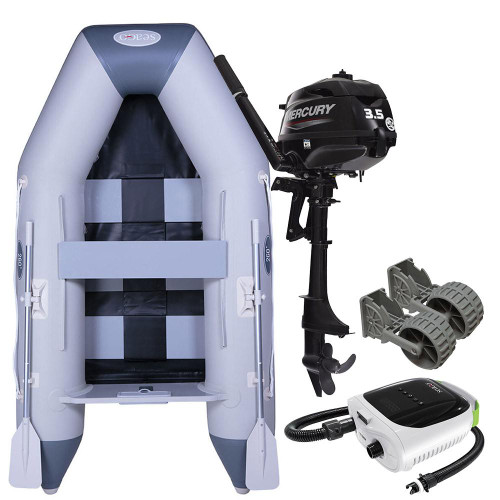  Seago 260 Slatted Floor Inflatable Dinghy with Mercury 4-Stroke 3.5hp Short Shaft Outboard Engine, Pump & Dolly Wheels 