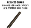 Reduced 3/8 shank allows large drill diameters to fit standard drill chucks, increasing the capacity of portable drills and drill presses