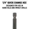 1/4 quick-change hex shank provides secure grip and fast bit changes in drill-drivers and impact drivers