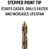 Stepped point tip starts easier drills faster and increases lifespan