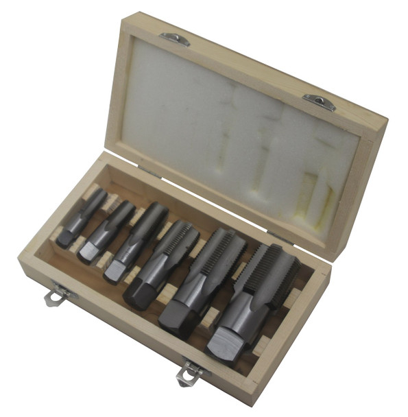 6 Piece High Speed Steel NPT Pipe Tap Set 1/4, 3/8, 1/2, 3/4, 1 and 1-1/4 in Wooden Case