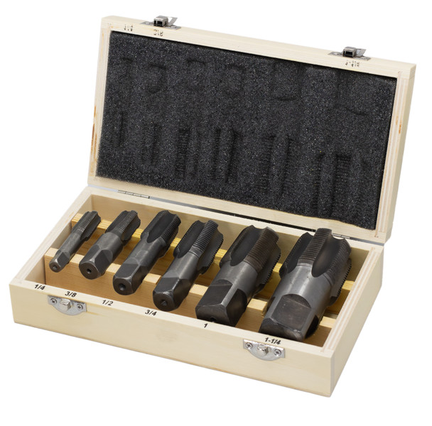 6 Piece High Speed Steel NPT Pipe Tap Set 1/4, 3/8, 1/2, 3/4, 1 and 1-1/4 in Wooden Case