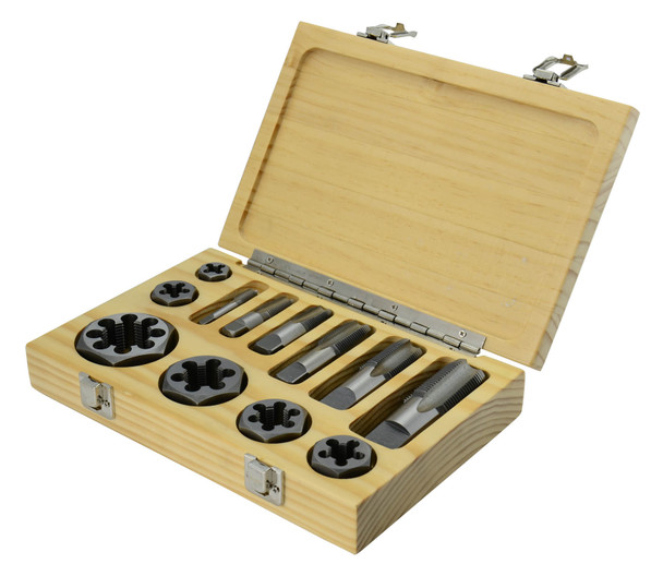 12 Piece NPT Carbon Steel Pipe Tap and Die Set, 1/8, 1/4, 3/8, 1/2, 3/4 and 1 in Wooden Case