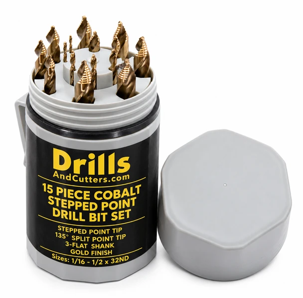 15 Piece Stepped Point Cobalt Drill Bit Set, 1/16"-1/2" by 1/32", Shatter-Resistant Case