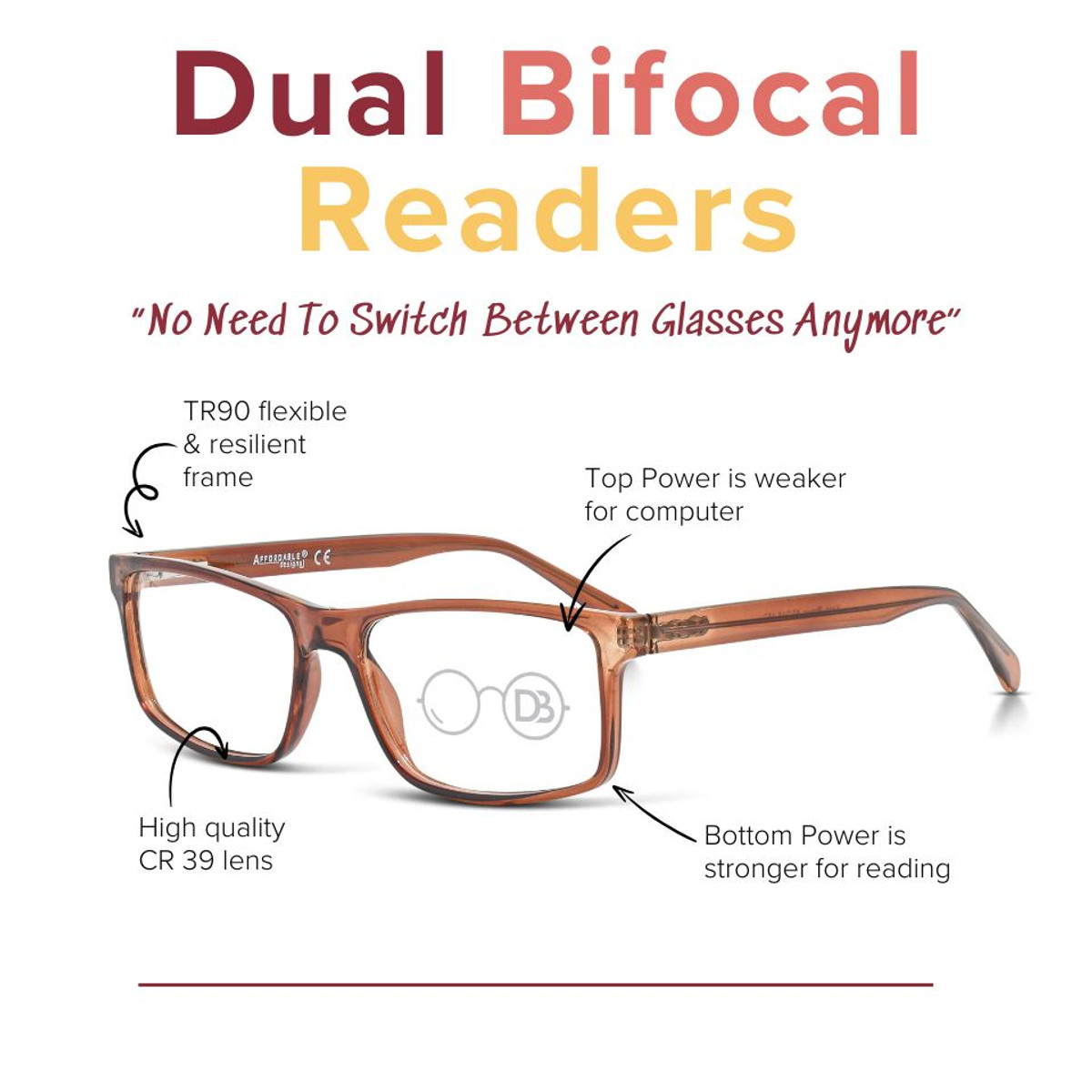 Wide Dual Bifocal Reading Glasses for Men - Kash