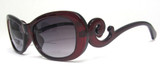 Red bifocal reading sunglasses with fancy baroque swirl on temple
